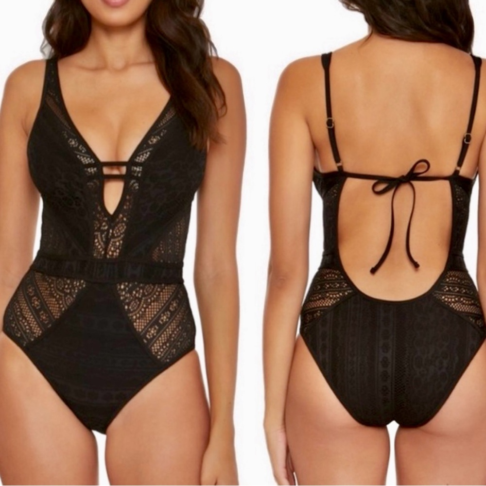 NWT! BECCA BY REBECCA VIRTUE, Crochet One-Piece Swimsuit in black.